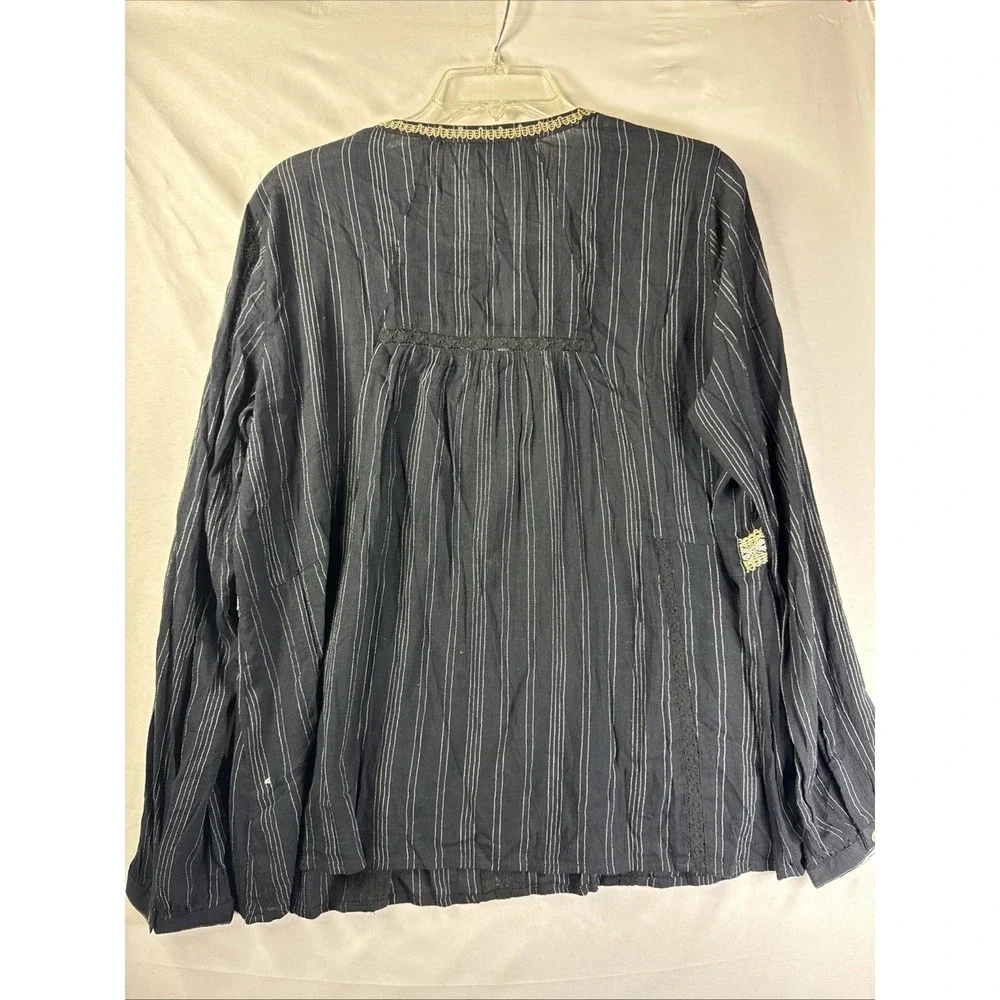 J Jill Tunic Blouse M Black Pinstripe‎  Embroidery Notch Neck Boho Top